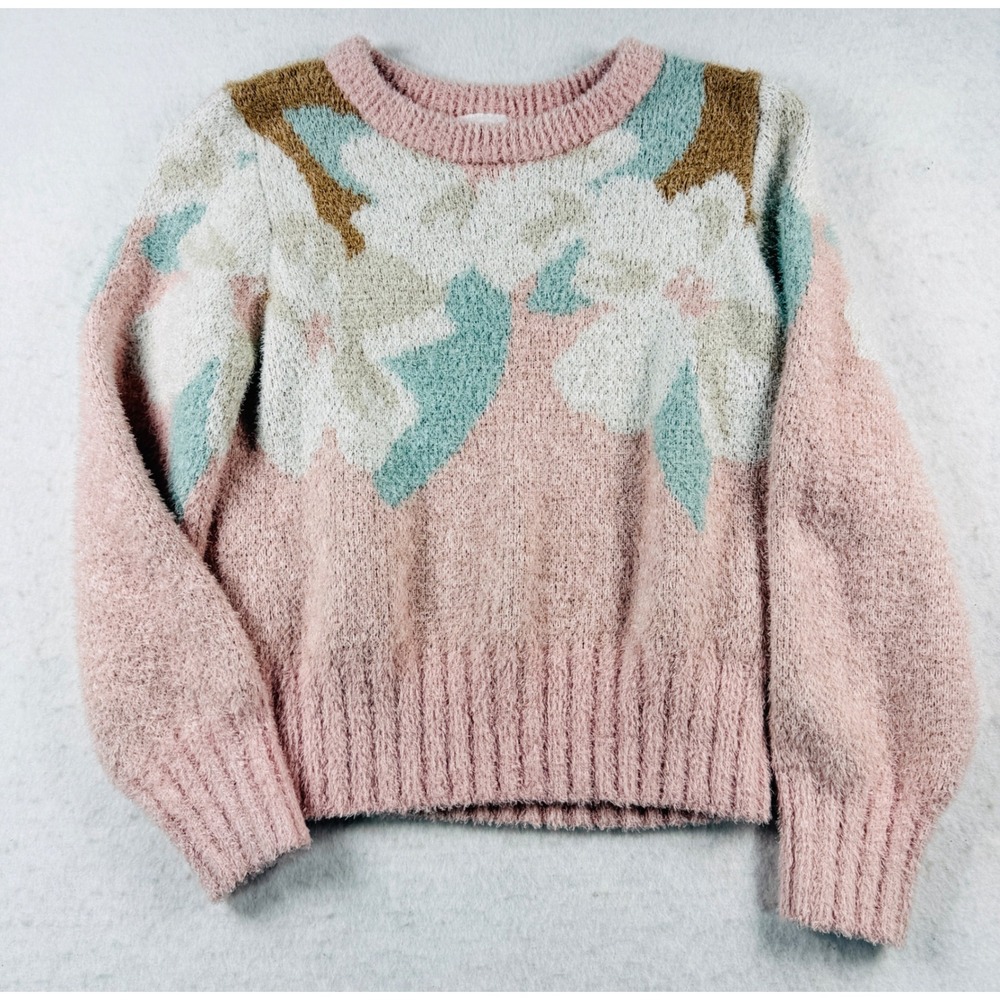 Abercrombie Kids Girls Fuzzy Floral Sweater Pink Sage Green Size 9/10 Pullover